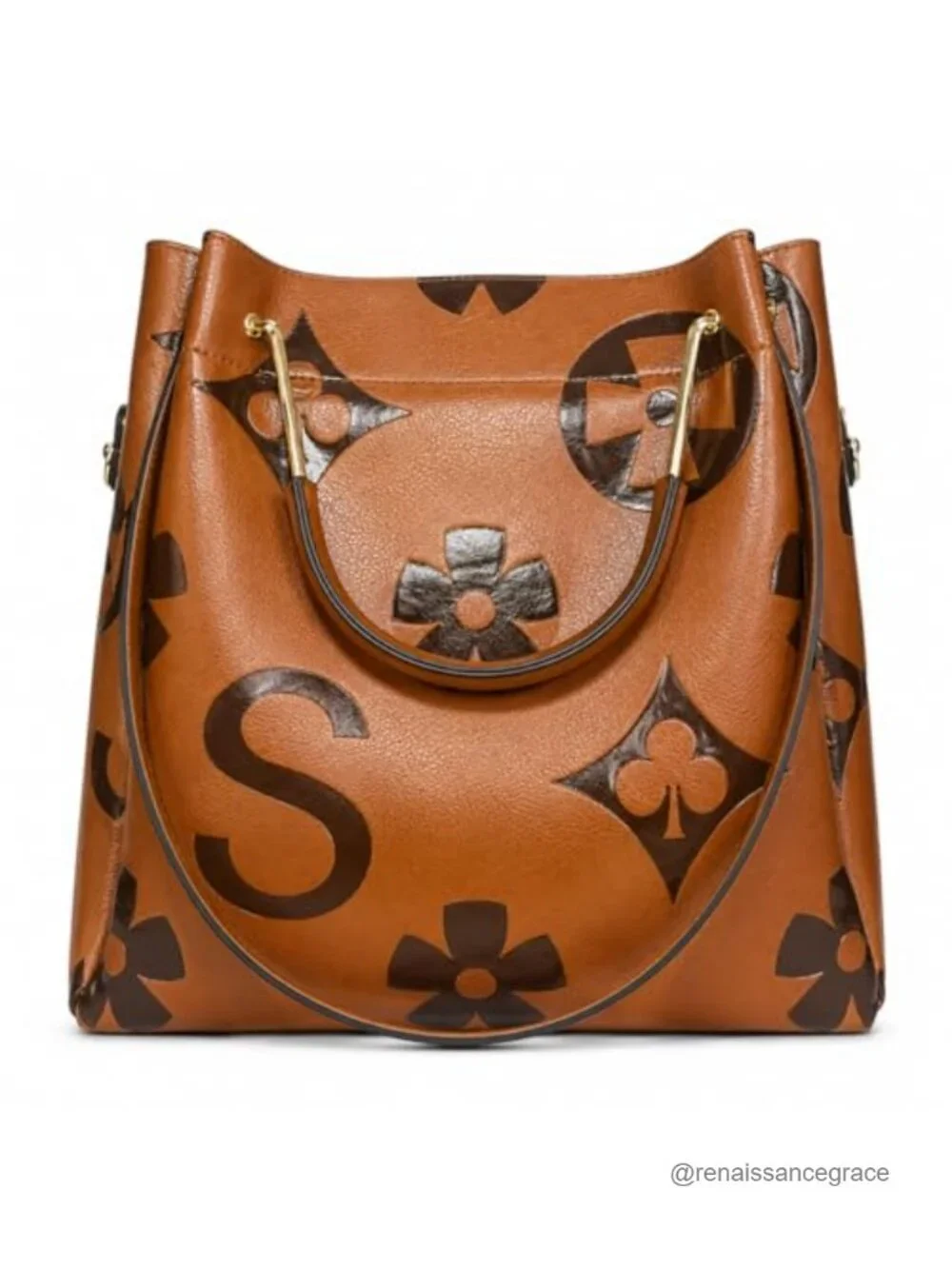 Women's Retro Monogram Crossbody Bag Faux Leather Drawstring Top-Handle Satchel